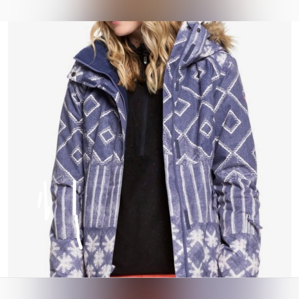 ROXY Womens Ski Jacket Coat Blue White Snowflake Dry Flight Size Small Winter